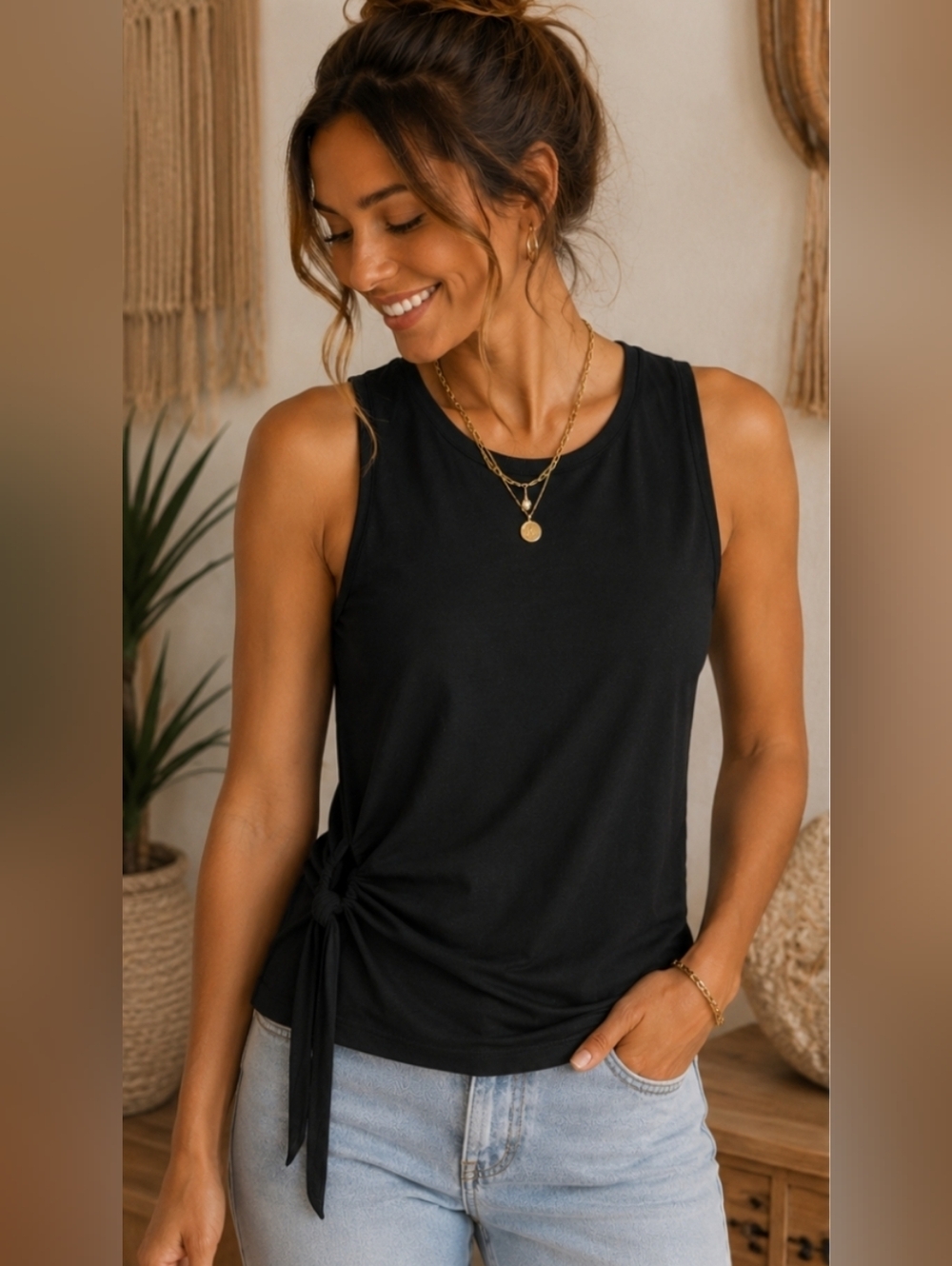 Trouve Black Sleeveless Side-Tie Blouse